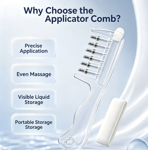 💧Refillable Scalp Oil Applicator Comb with 6 Metal Massage Tips – Even Root Serum Distribution & Scalp Stimulation for Hair Care