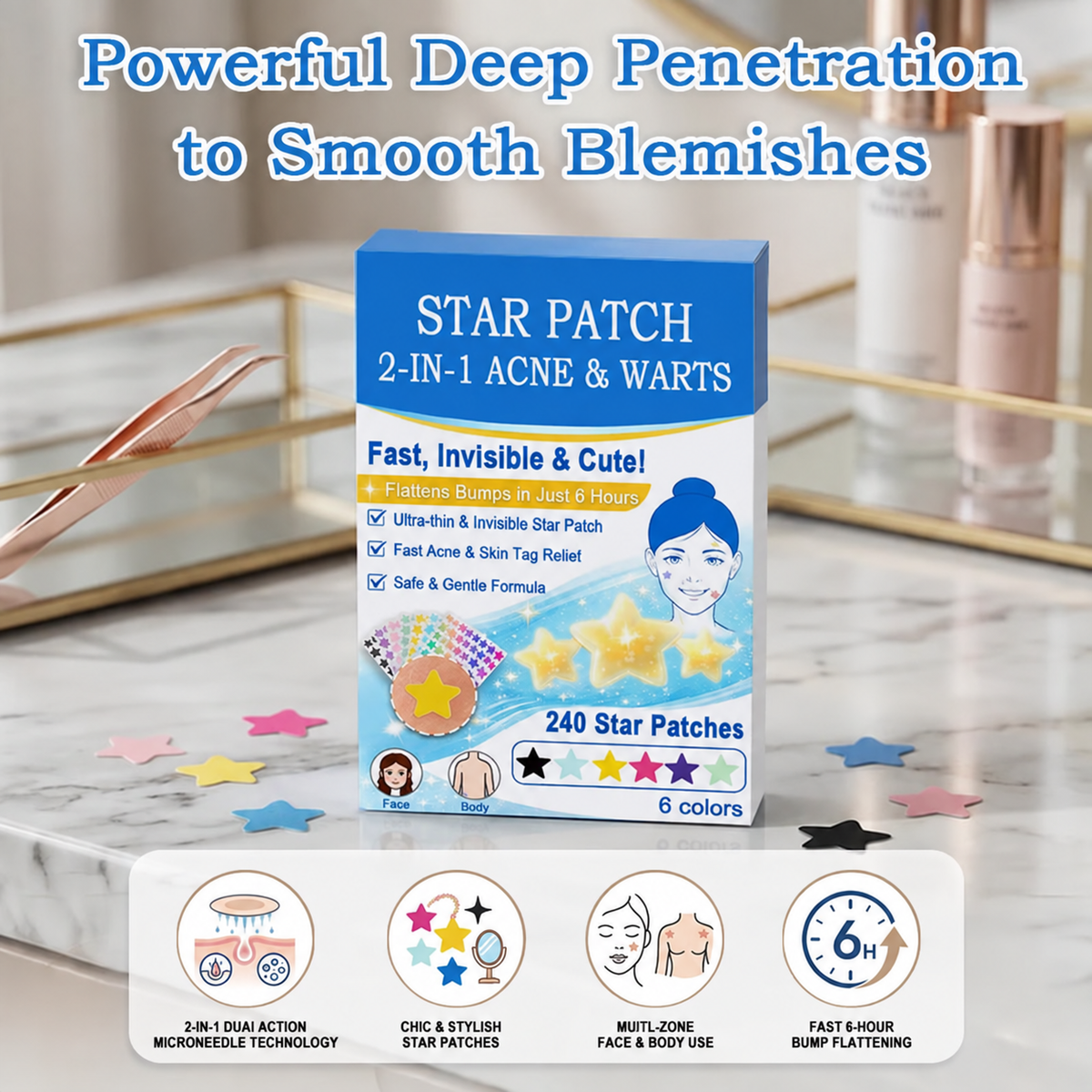 2-in-1 Microneedle & Hydrocolloid Star Patch 🌟 | Acne, Blackheads, Skin Tags & Raised Blemishes Remover 💫 | 6 Colors Pimple Patch for Face & Neck 🌸 | Invisible Star Zit Stickers ✨