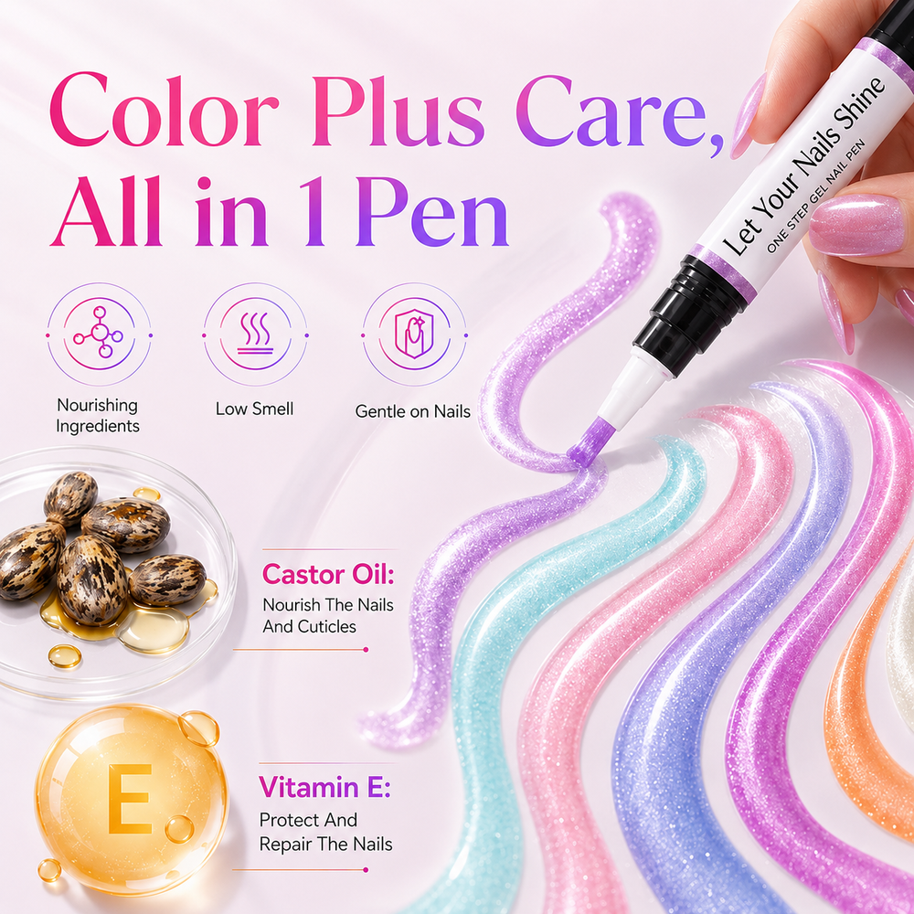 5-in-1 gel nail polish pen with nourishing castor oil and vitamin E