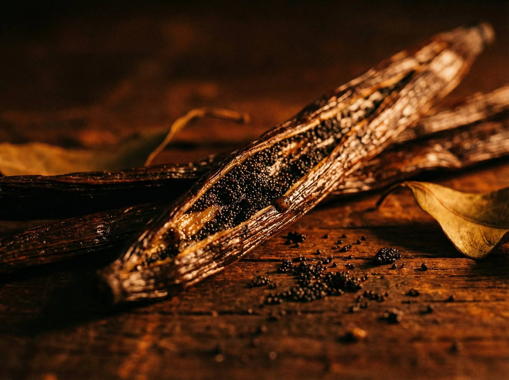 Vanilla pods on a wooden surface