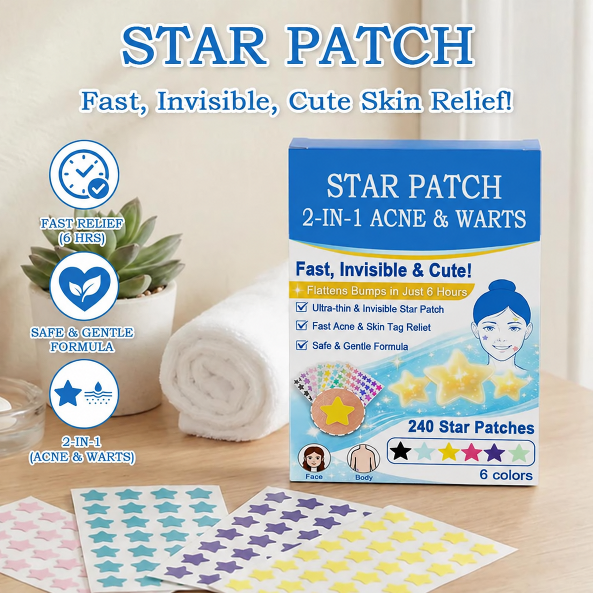 2-in-1 Microneedle & Hydrocolloid Star Patch 🌟 | Acne, Blackheads, Skin Tags & Raised Blemishes Remover 💫 | 6 Colors Pimple Patch for Face & Neck 🌸 | Invisible Star Zit Stickers ✨